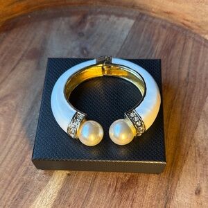 White faux Pearl-End Hinged Bracelet with Crystal Accents